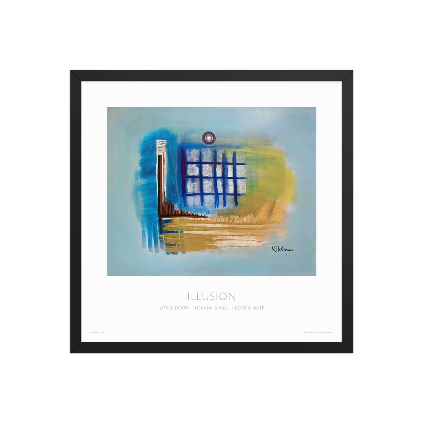 Framed abstract art print with blue, yellow, and black colors on a light blue background.