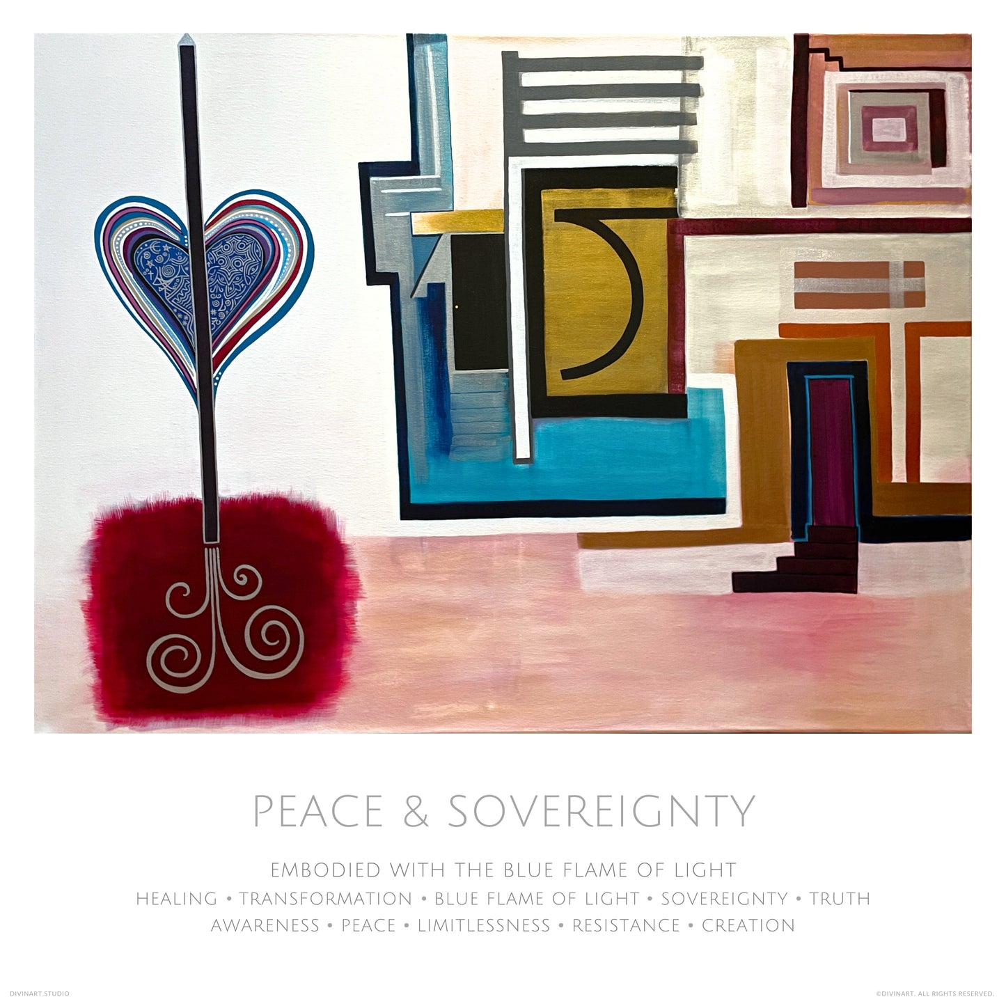 Divinart - "Peace & Sovereignty" - Acrylic Ink on canvas - Painting encoded with light - Matte poster paper - Spiritual Art, Light Codes: Blue Flame of light, Healing, Peace, Sovereignty, Awareness, Transformation, Resistance, Creation