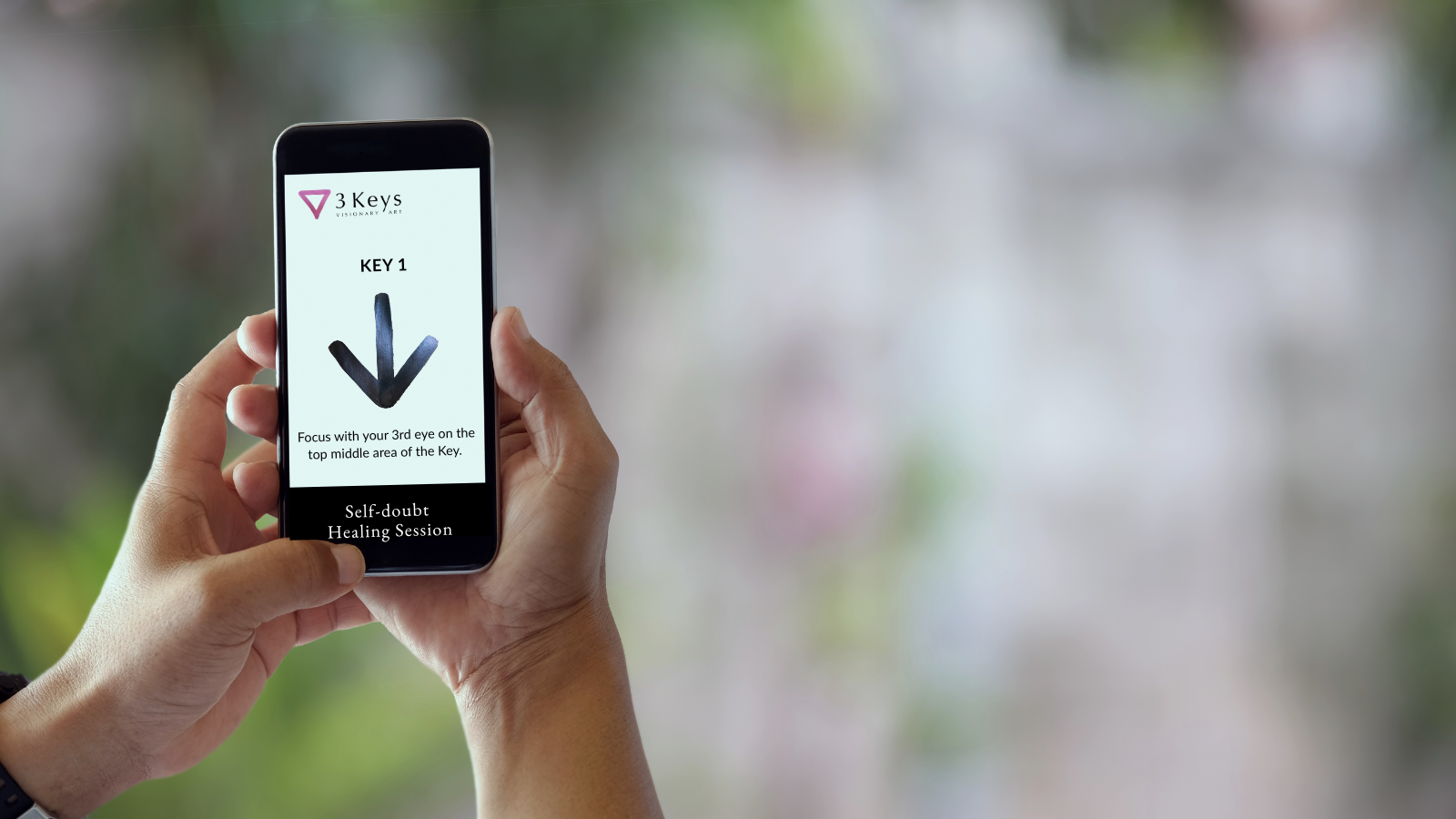 Person holding a smartphone displaying an app interface with text and icons.