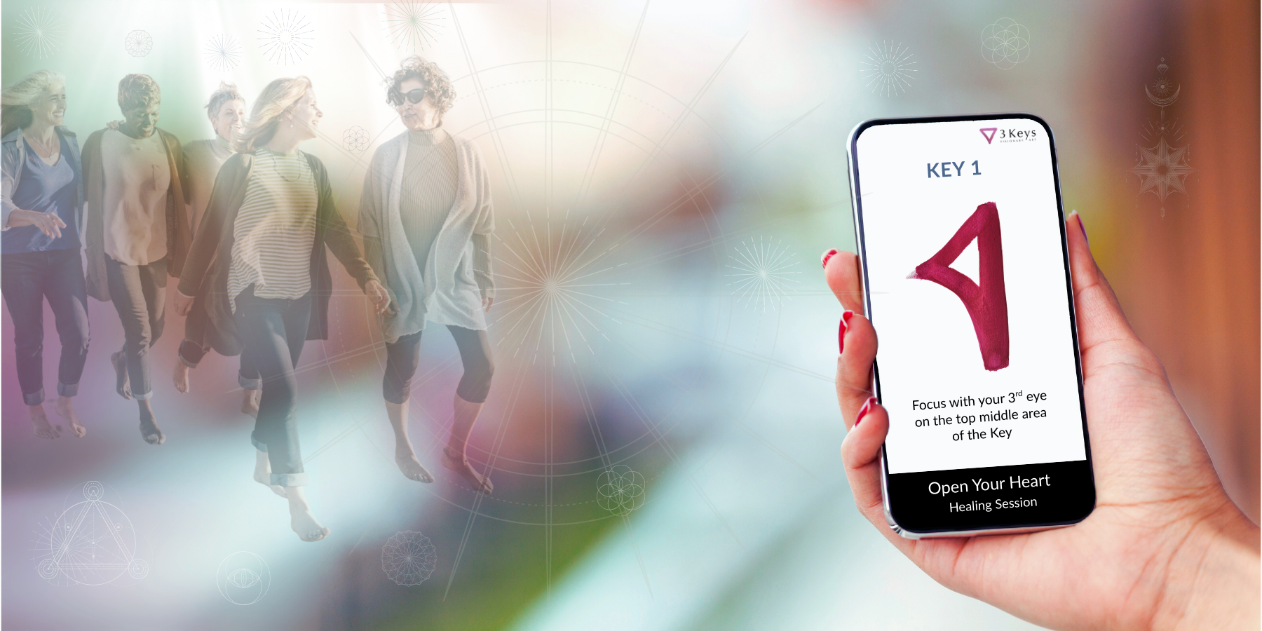 Hand holding a smartphone with an app interface featuring a red key icon and text, with a blurred background of people walking.