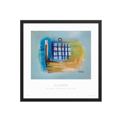 Framed abstract art print with blue, yellow, and black colors on a light blue background.