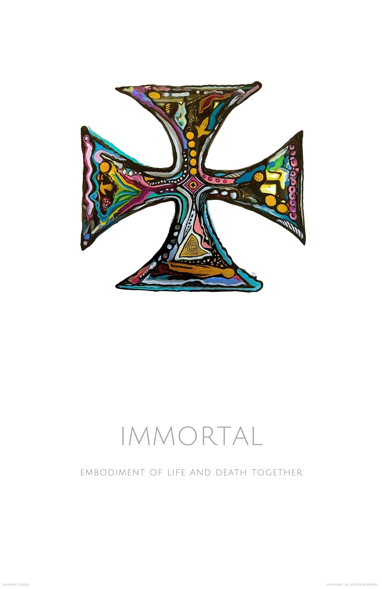 "Immortal" Acrylic ink on Yupo. Divinart. Wrapped canvas. Spiritual Art. Encoded Healing Rays of Light. Embodiment of life and death together. Infused with the following light codes: Life and death, Endings and beginnings