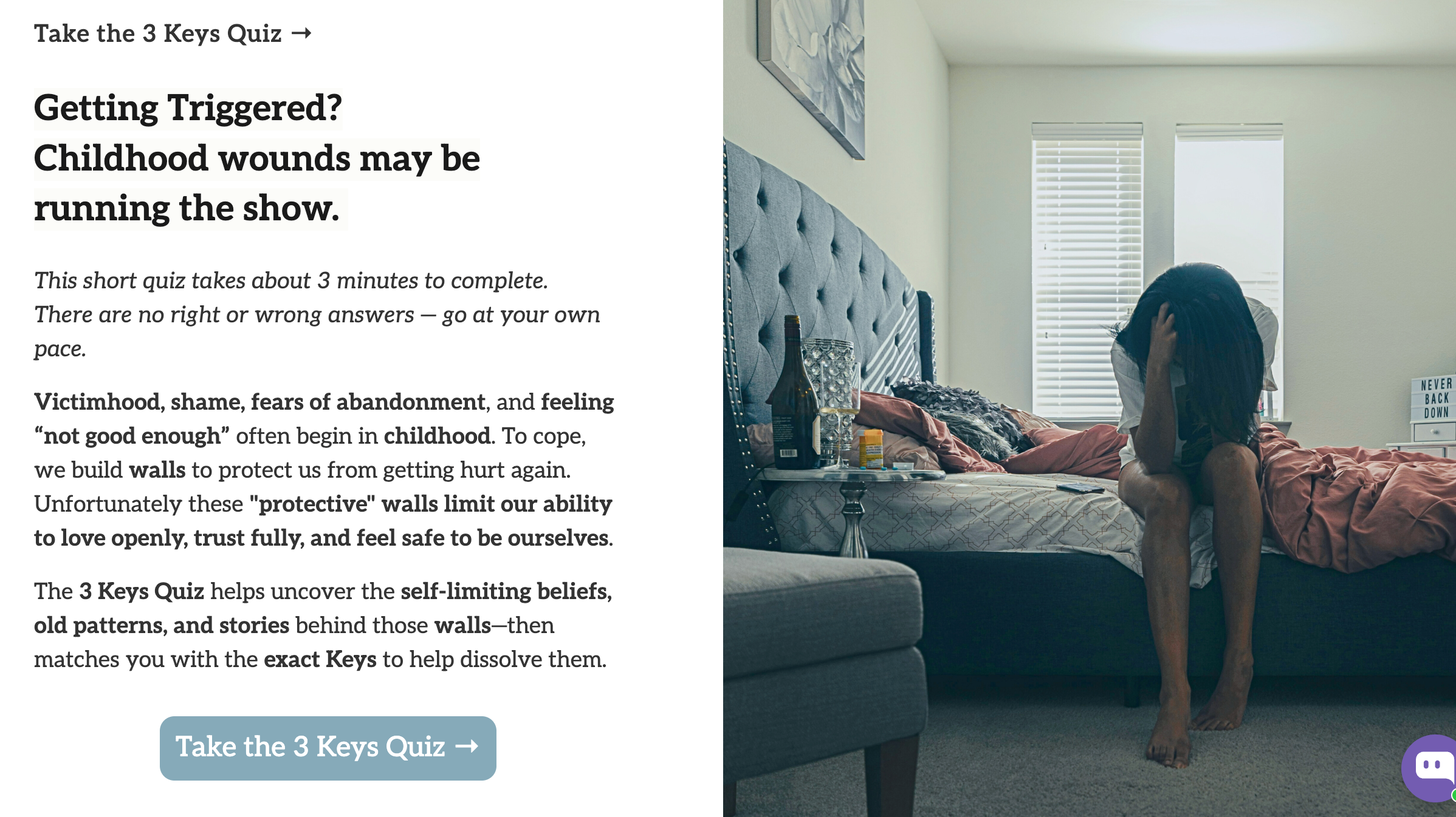 Person sitting on a bed in a bedroom with text about a quiz on childhood wounds.