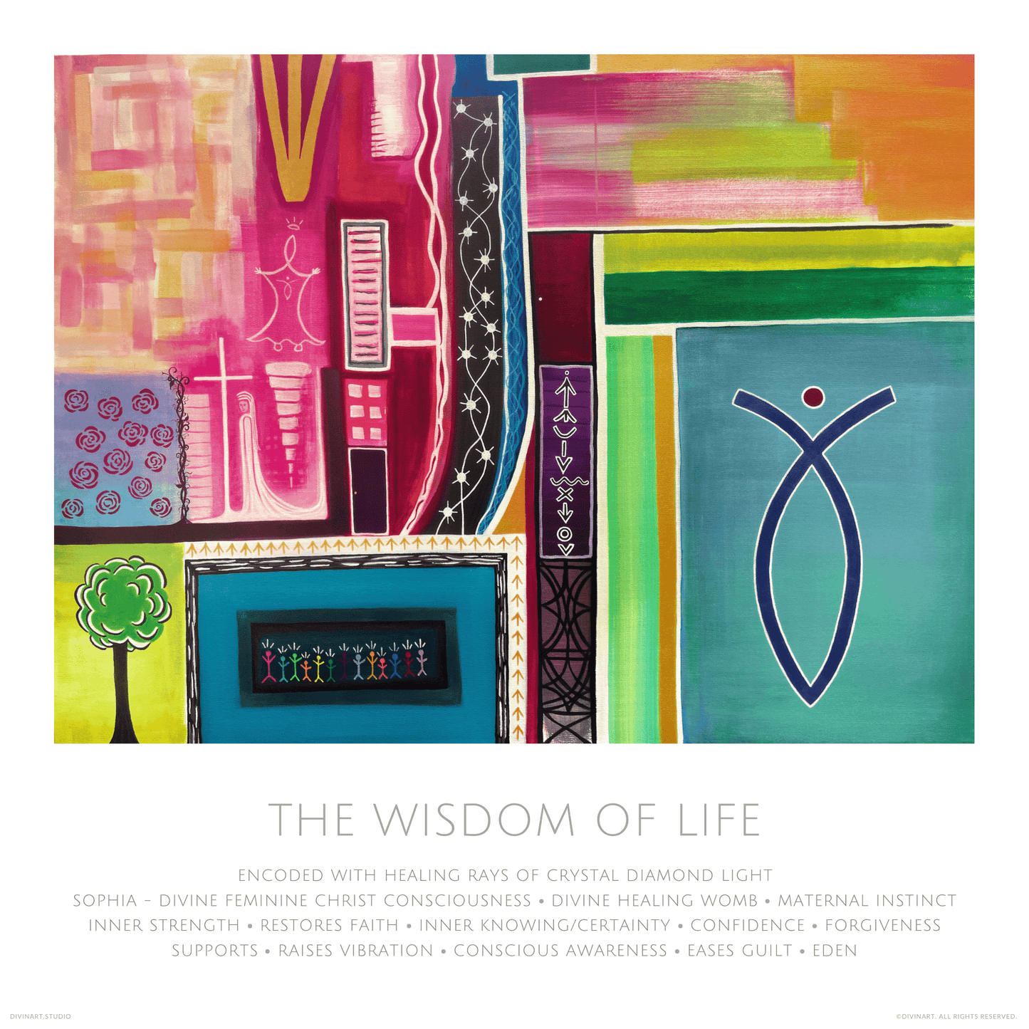 Divinart - "The Wisdom of Life" - Acrylic Ink on canvas - Painting encoded with light - Matte poster paper - Spiritual Art, Light Codes: Divine healing womb, Maternal instinct, Inner strength, Restores faith, Inner knowing/certainty, Confidence, Forgiveness, Supports, Raises vibration, Conscious awareness, Eases guilt, Eden