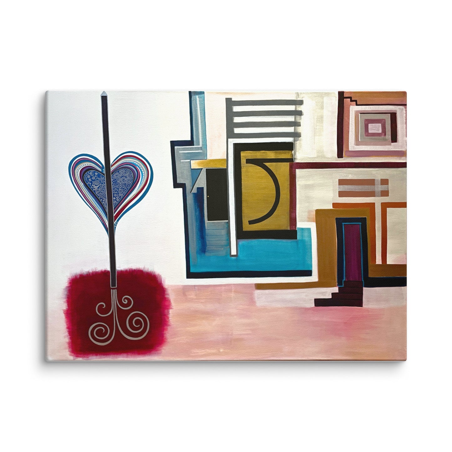 An abstract canvas painting featuring a stylized heart-shaped tree with blue and red patterned leaves on a black trunk, set against a geometric background with blocks of blue, yellow, brown, and pink.