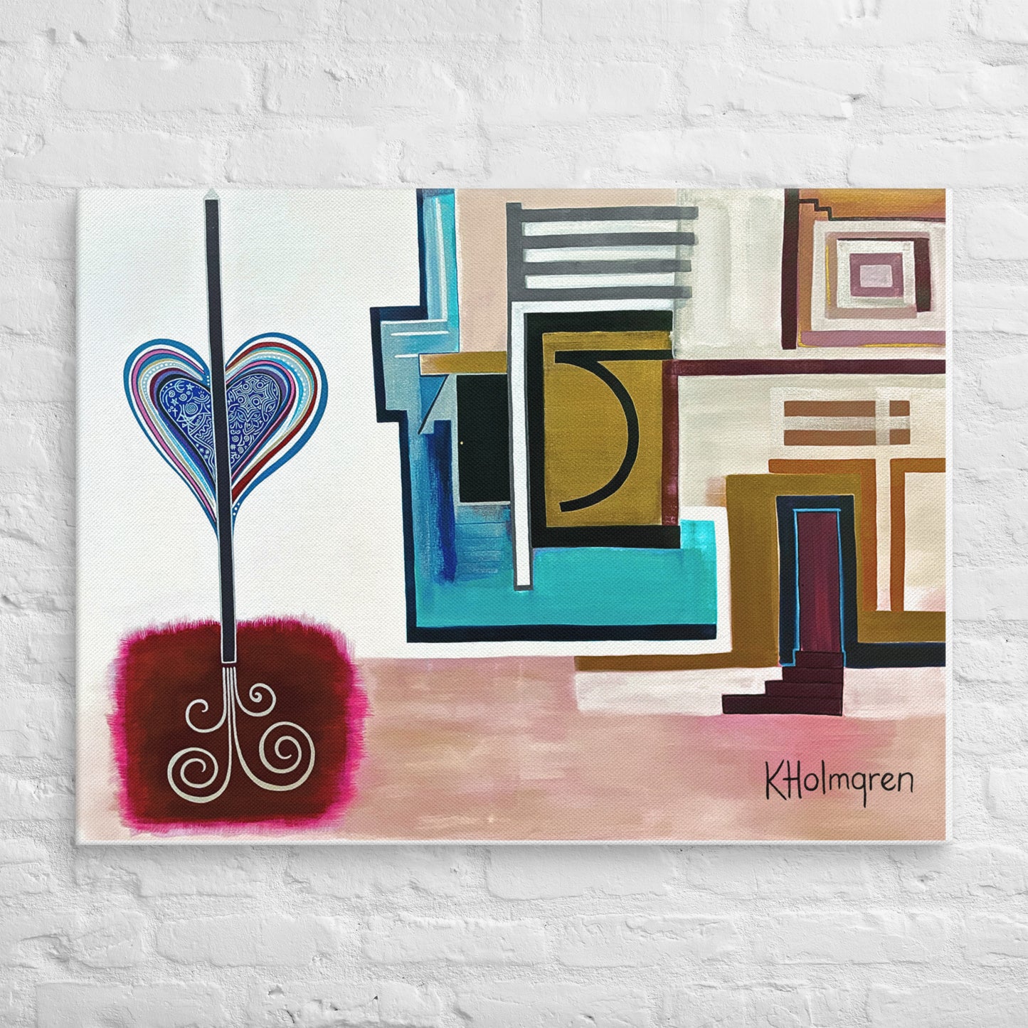 An abstract geometric wall art print featuring a stylized heart and architectural shapes in blue, teal, brown, beige, and magenta, mounted on a white brick wall. The artist's signature 'Kholmgren' is visible in the bottom right corner.