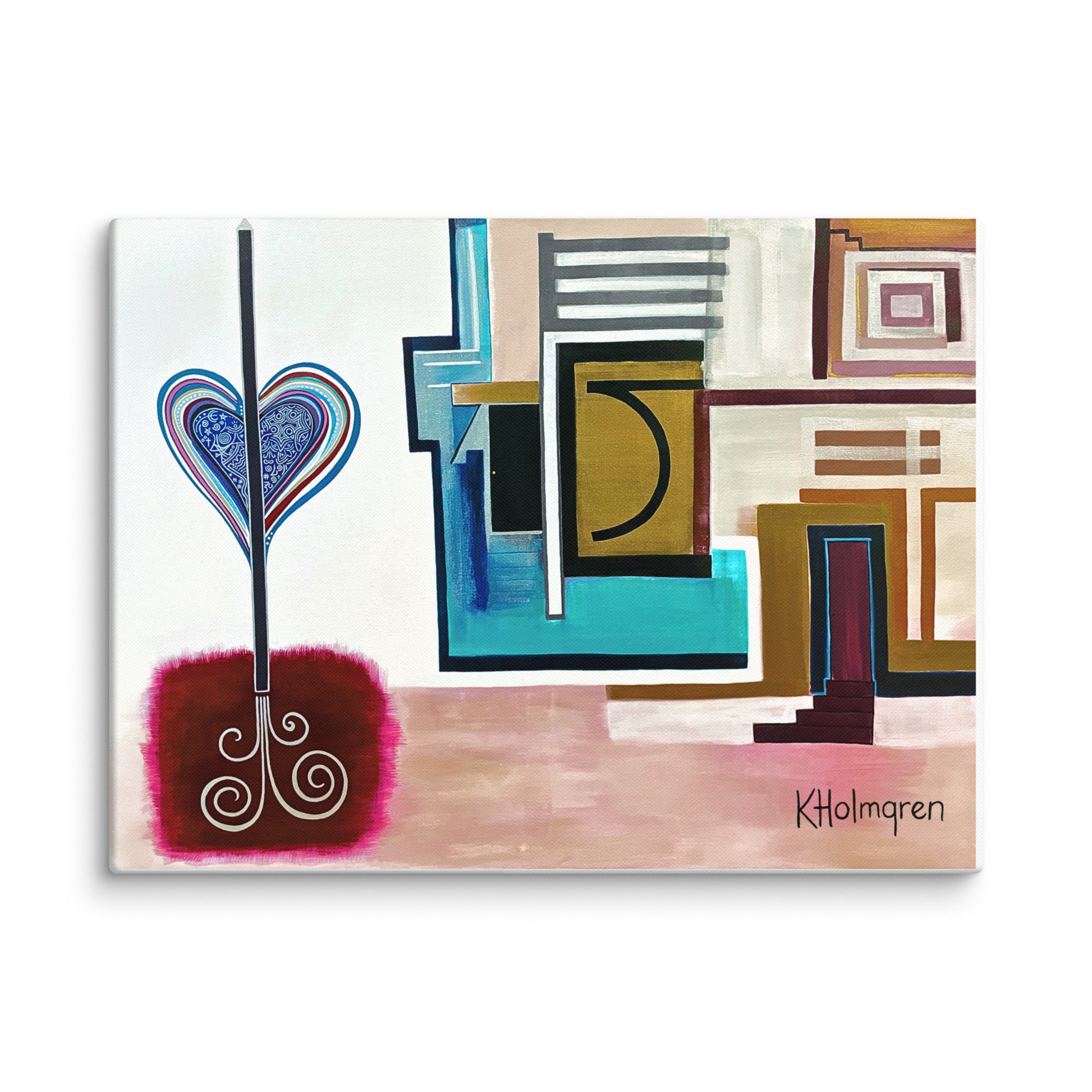 An abstract geometric painting on canvas featuring a stylized heart-shaped tree with a magenta trunk and white swirls, alongside layered blue, teal, black, beige, and brown geometric shapes. The artist's signature 'Kholmgren' is visible in the bottom right corner.
