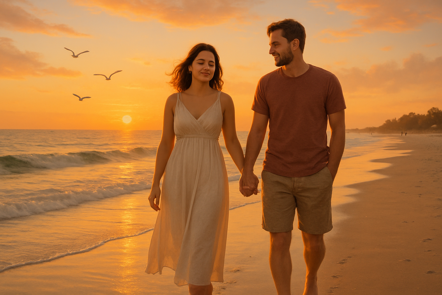 Create an image of a woman who is peaceful... content. She is walking down a beach with a sun-set. She is with her husband. They are walking hand-in-hand. They are 30 years old. There are a few seagulls flying in the sky. There are a few other people on the beach in the distance. They are barefoot walking near the water's edge. 