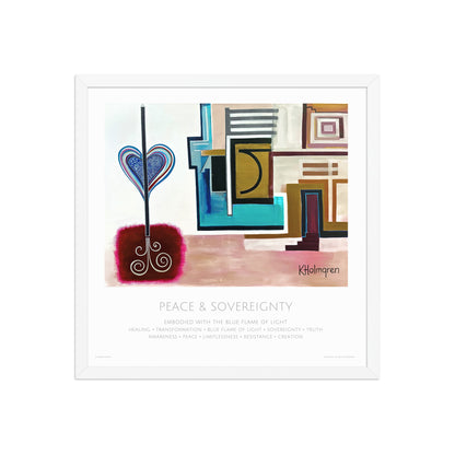 A framed art print titled 'PEACE & SOVEREIGNTY' by Kholmgren, featuring an abstract geometric design with a blue heart-shaped tree and modern architectural shapes in blue, beige, brown, and red, set against a clean white background.