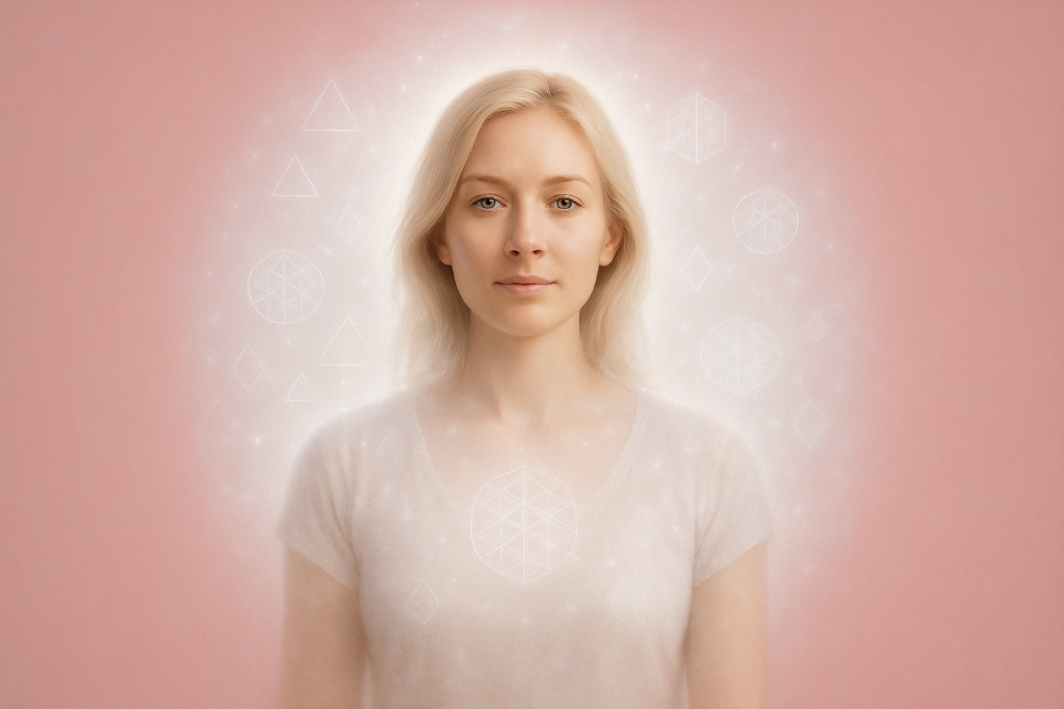 Make her look more realistic. Give her blonde hair. Use white light not yellow. No prayer hands. Open her eyes. Make the background pink. 