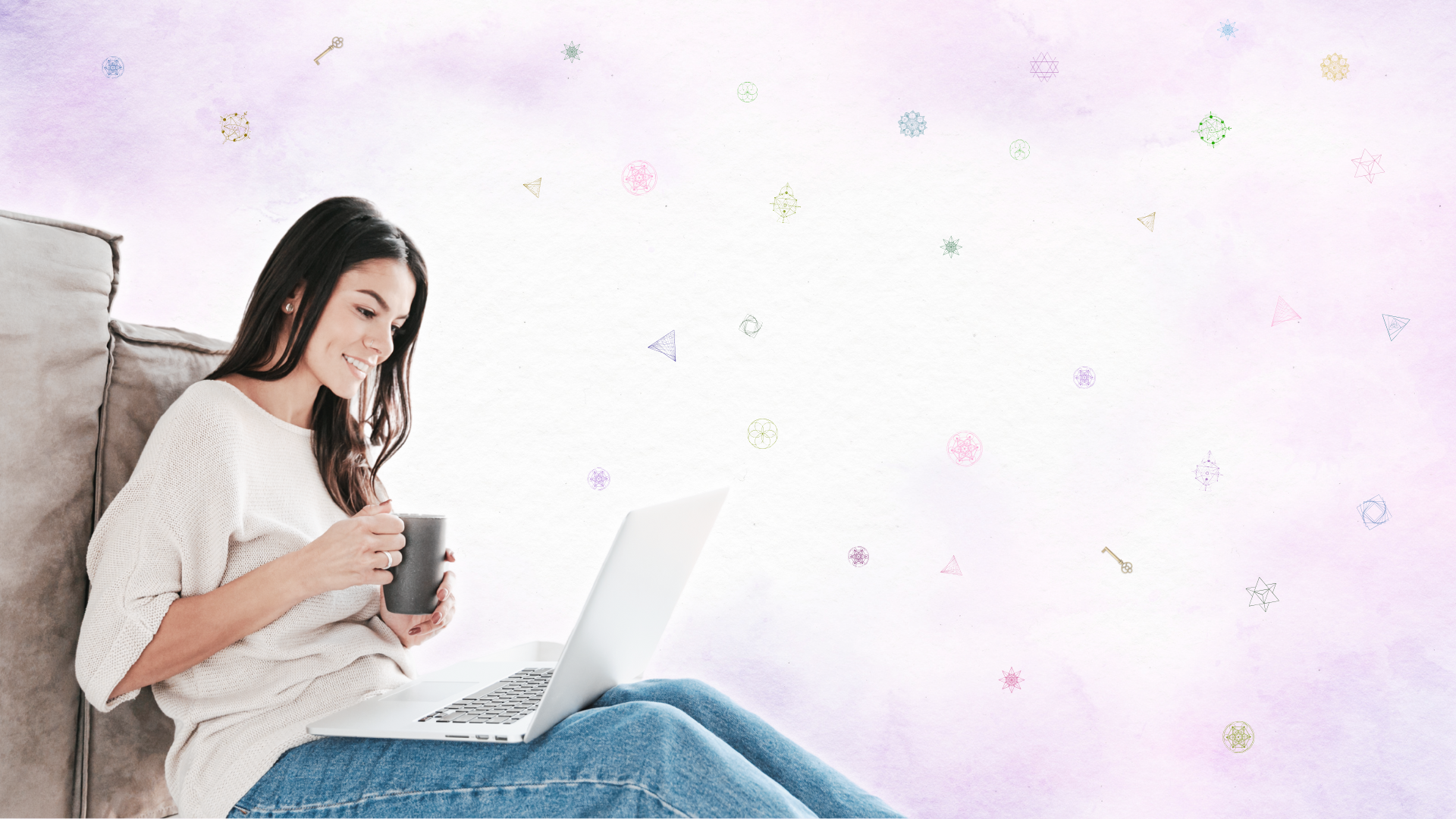 WOMAN WITH LAPTOP IN HER LAP WITH COFFEE MUG